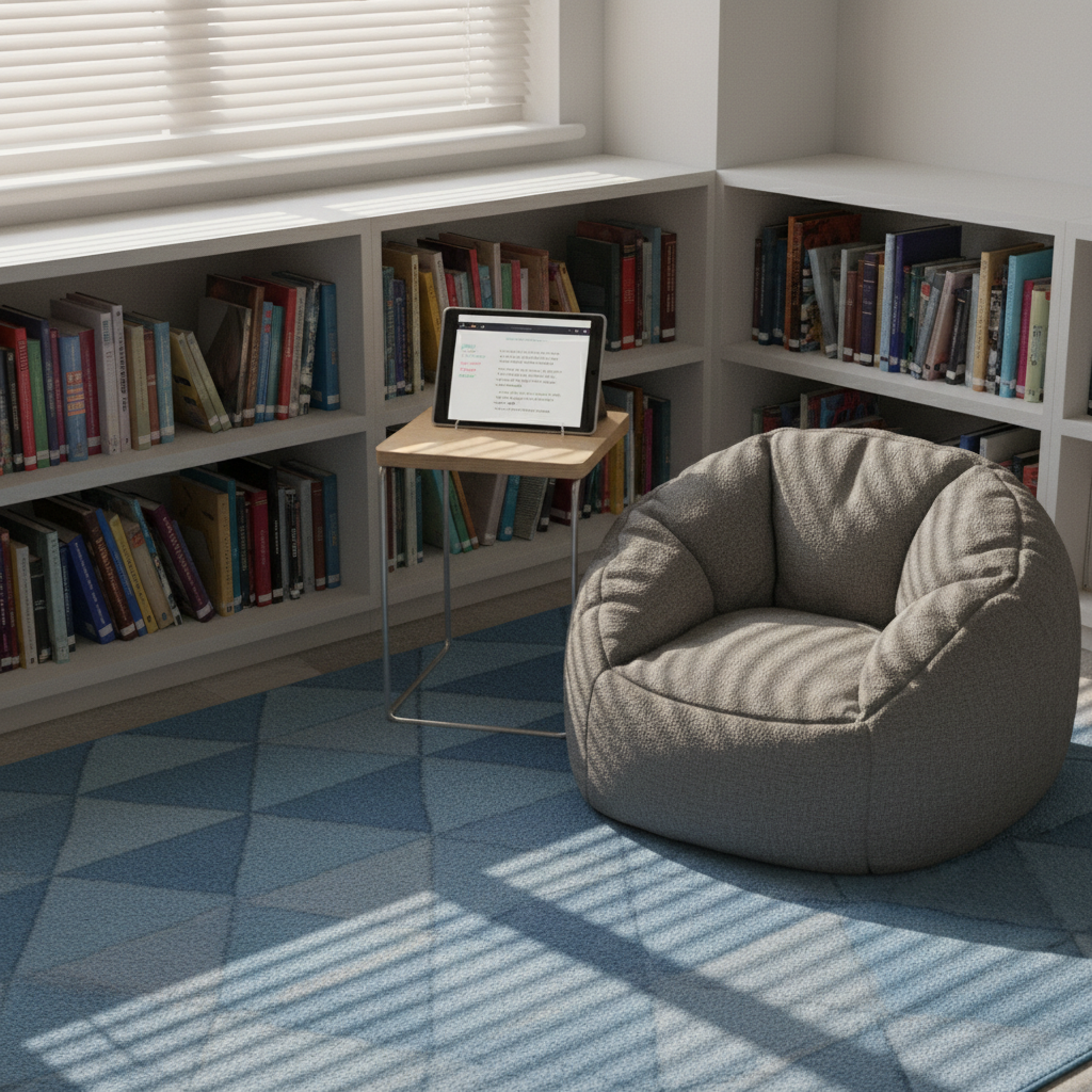 A cozy, technology-rich reading nook in a middle school classroom, shown without any students, featuring a low white bookshelf lined with well-worn young adult novels, each spine vividly colored and slightly textured with use. On a small, light-wood side table sits a slim tablet propped on a stand, paused on a digital annotation of a short story. A soft blue rug with subtle geometric patterns anchors the space. Indirect morning light filters through blinds, casting gentle, linear shadows across the rug. Shot from a slightly elevated angle with photographic realism and a balanced composition, the scene feels calm, inviting, and studious, highlighting the blend of traditional reading and digital tools in language arts instruction.