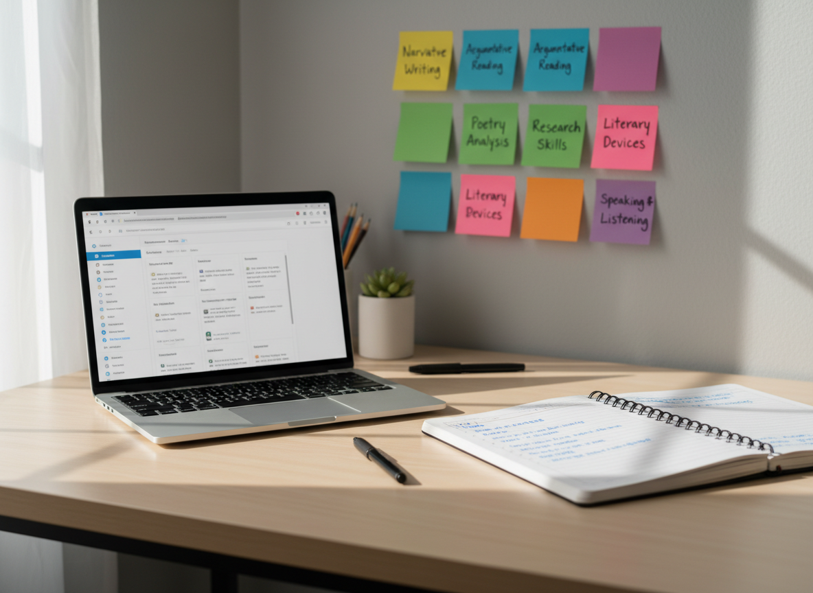 A neatly organized 7th grade Language Arts workspace without any people, featuring an open silver laptop displaying a clean learning management system dashboard beside a spiral-bound notebook filled with handwritten lesson ideas in blue ink. Color-coded sticky notes are arranged in a thoughtful grid along a soft gray wall behind, each labeled with unit titles like “Narrative Writing” and “Argumentative Reading.” Warm afternoon light from an unseen window falls across a pale wood desk, creating gentle shadows and a calm, professional atmosphere. Photographic realism, eye-level composition, with a shallow depth of field that keeps the laptop and notebook in crisp focus while the background softly blurs, conveying reflective planning and intentional blended learning design.