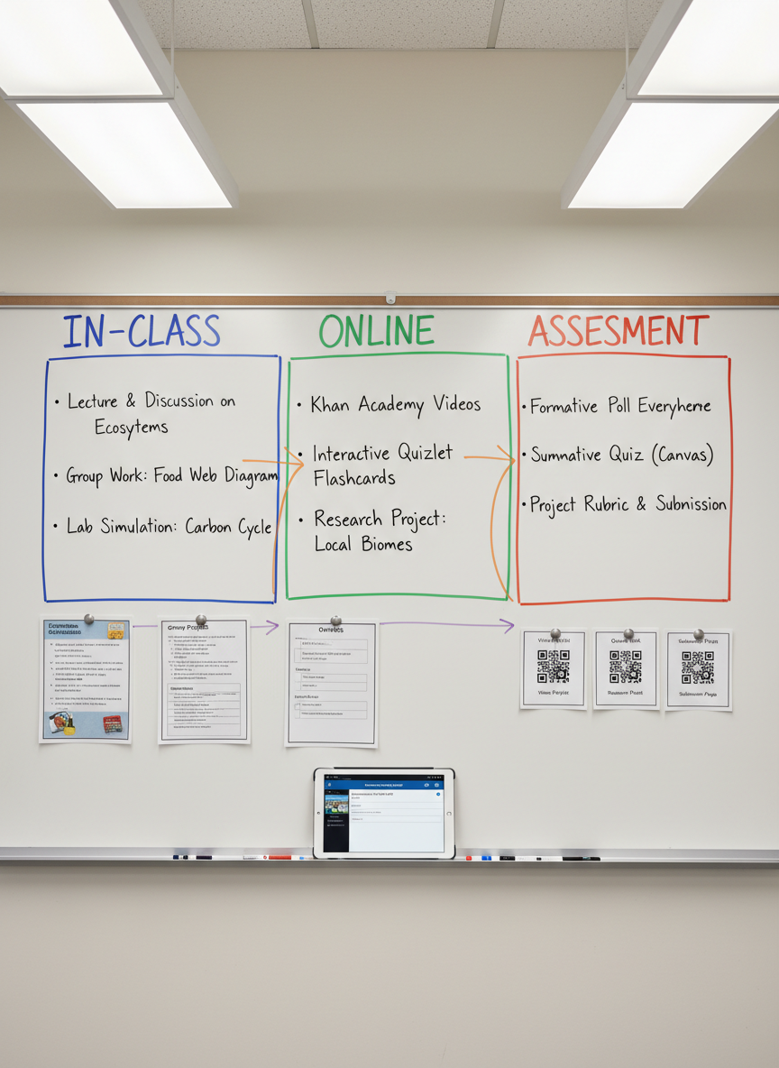 A large classroom whiteboard filled with a carefully structured blended learning lesson plan, written in neat multicolored dry-erase markers, divided into columns labeled “In-Class,” “Online,” and “Assessment.” Below, printed task cards, rubrics, and small QR codes are magnetically attached in tidy rows. A slim, open tablet rests on a narrow ledge, displaying a draft of a digital assignment. Overhead fluorescent lights are softened by diffusers, producing even, neutral lighting with minimal glare. The photographic image is framed straight on, with the whiteboard occupying the full frame and sharp focus throughout, creating a clean, professional mood that emphasizes organization, intentional technology integration, and clarity of instructional design.