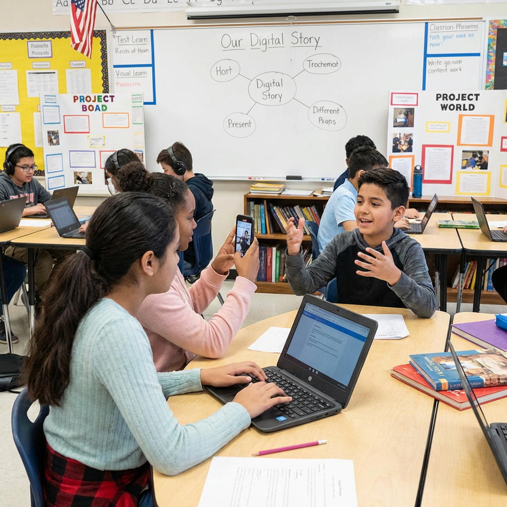 Students collaborating on 'Our Digital Story' project using laptops and a phone in class.