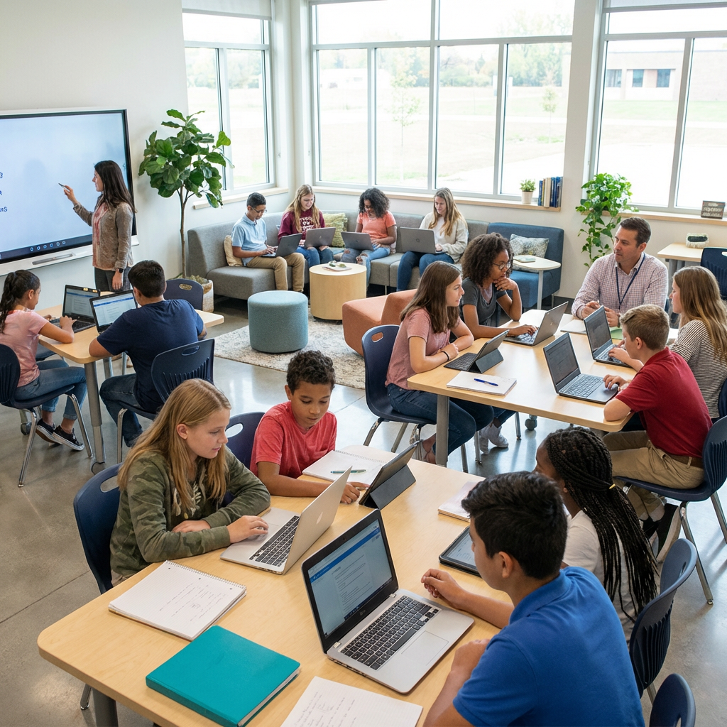 Students in a modern classroom use laptops and tablets while working in small groups.